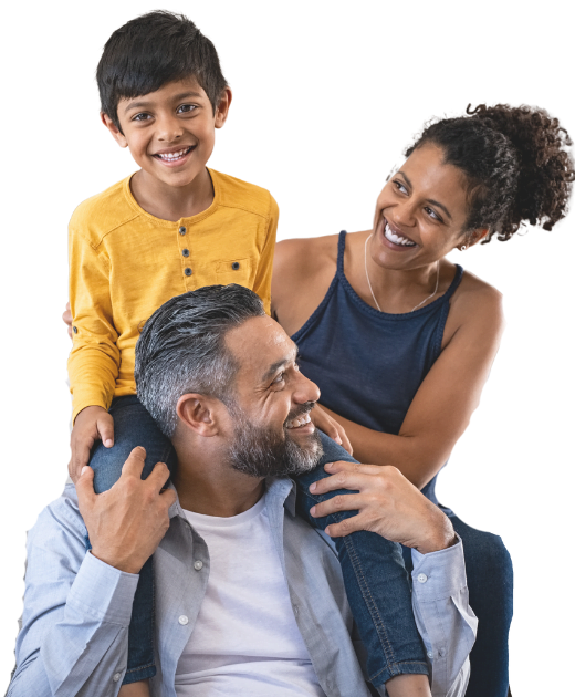 Family with young child, smiling and relieved their health insurance enrollment was stress-free.