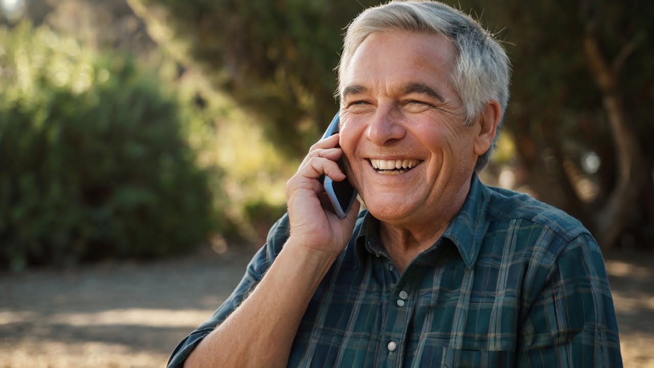 senior smiling talking on phone with Medicare broker