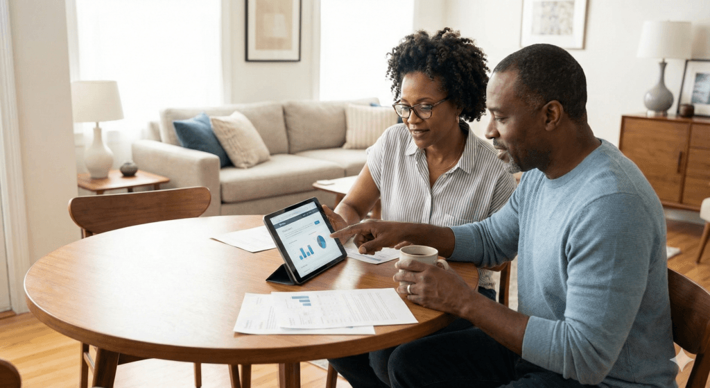 A middle-aged Black couple sitting at their dining table, reviewing Covered California health insurance options and plans on a tablet together."