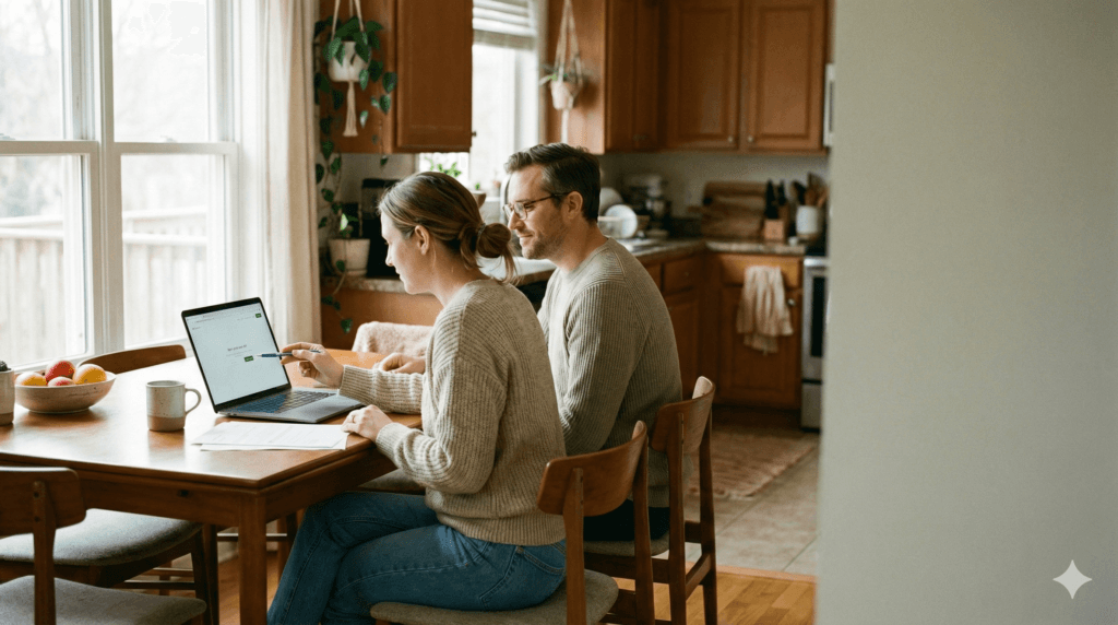 A couple calmly reviewing Covered California health insurance plans on a laptop at their kitchen table
