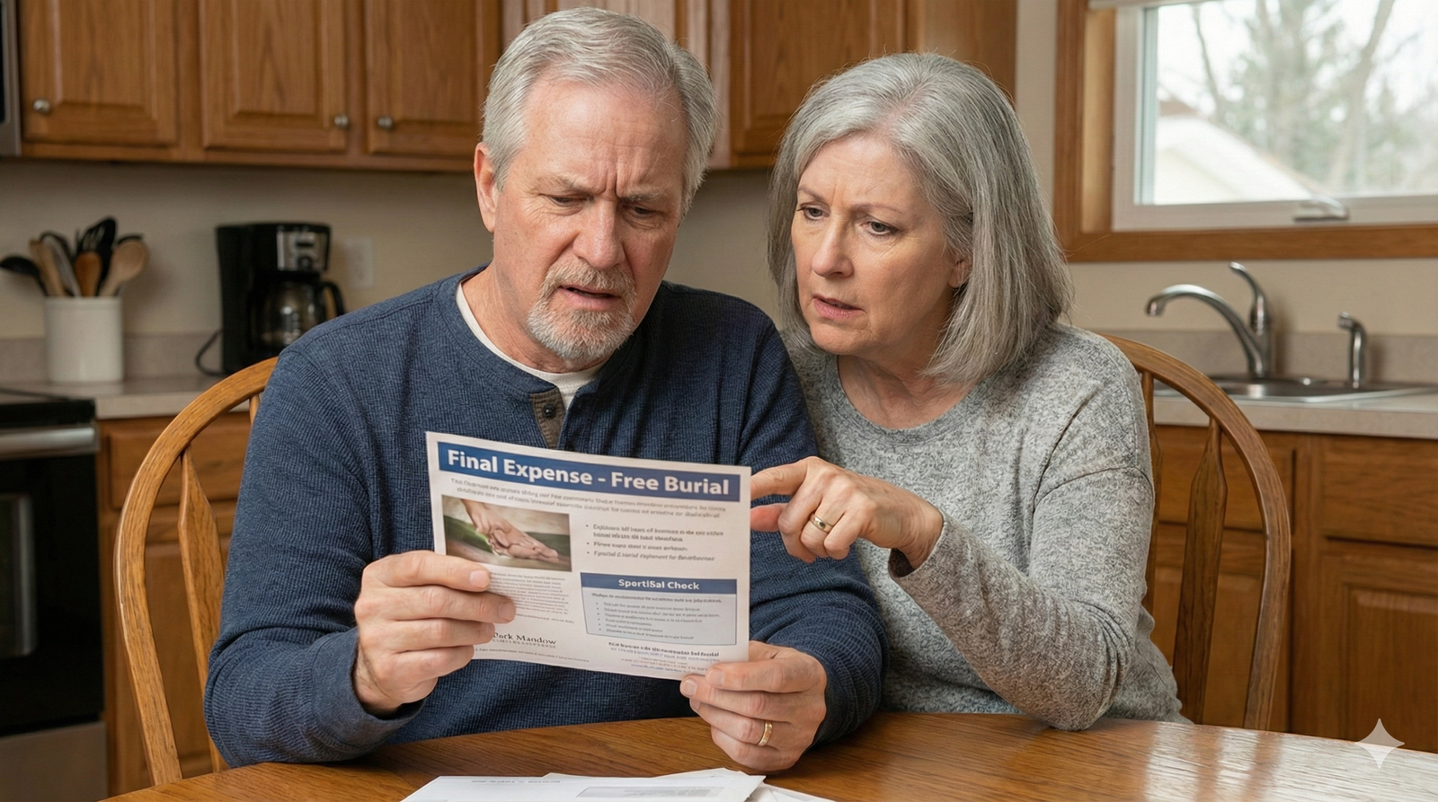 Couple at the table looking confused at the mailer