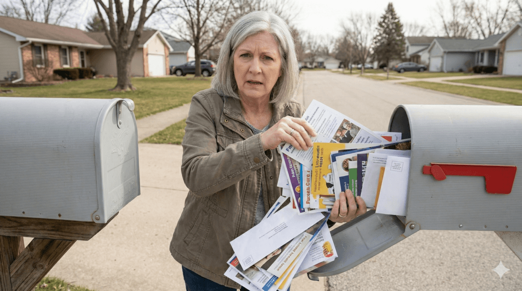 Wife pulling junk mail from the mailbox