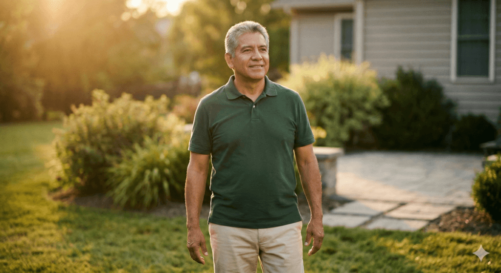 Man that is new to Medicare standing outside his home, content that he just spoke to an Medicare expert that could answer all his questions.