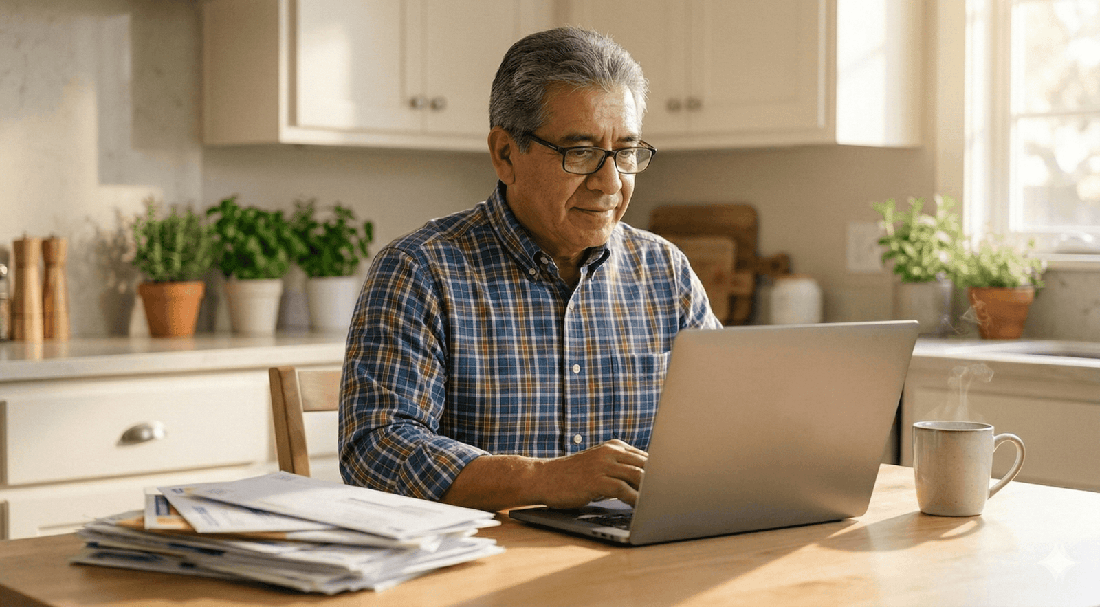 Man just turned 65 and is curious about Medicare. He's now on his laptop doing research at his kitchen table. 
