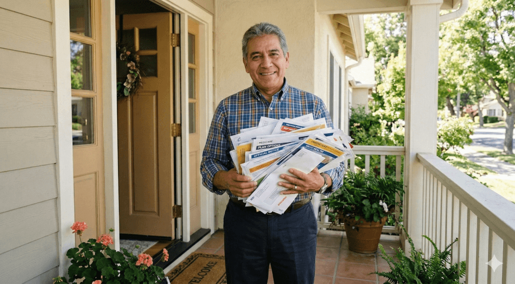 Man that turned 65 on his front porch with a stack of mailers for medicare