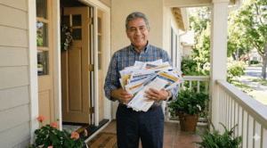 Man that turned 65 on his front porch with a stack of mailers for medicare
